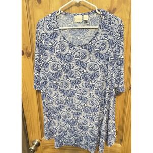 Chico's 3 Blue White Floral Scroll Print Tunic Top Elbow Sleeve Stretch‎ Knit